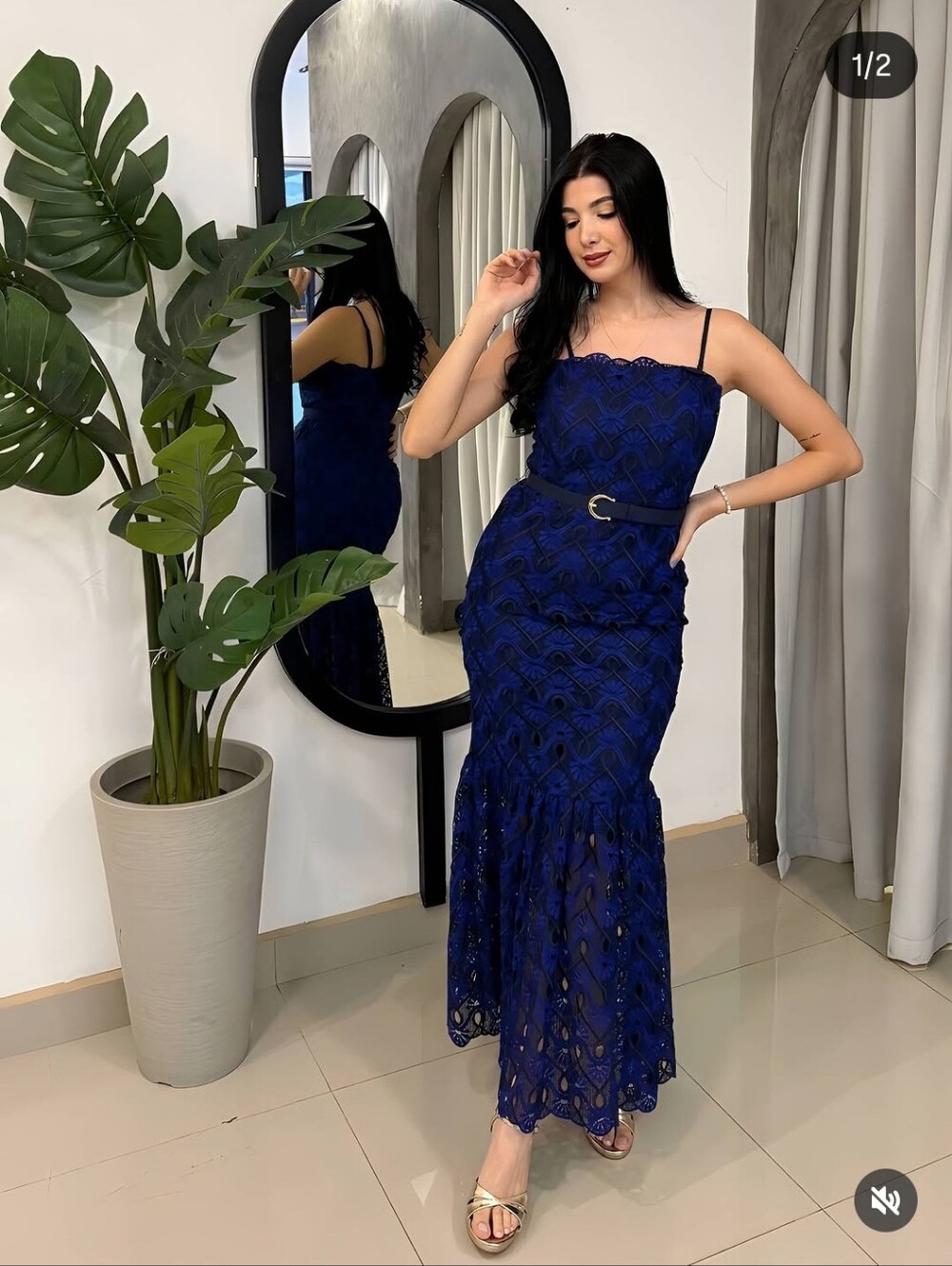 JM. Women’s Navy Blue Lace Spaghetti-Strap Dress